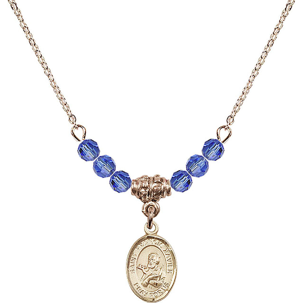 14kt Gold Filled Saint Francis Xavier Birthstone Necklace with Sapphire Beads - 9037