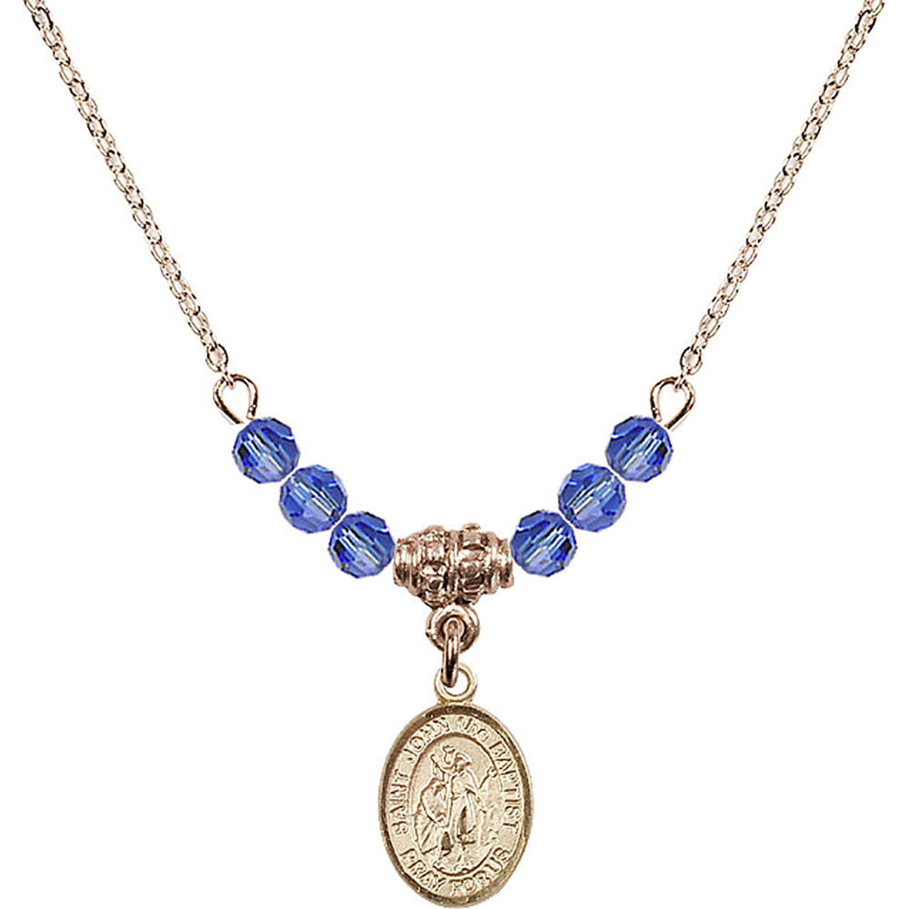 14kt Gold Filled Saint John the Baptist Birthstone Necklace with Sapphire Beads - 9054