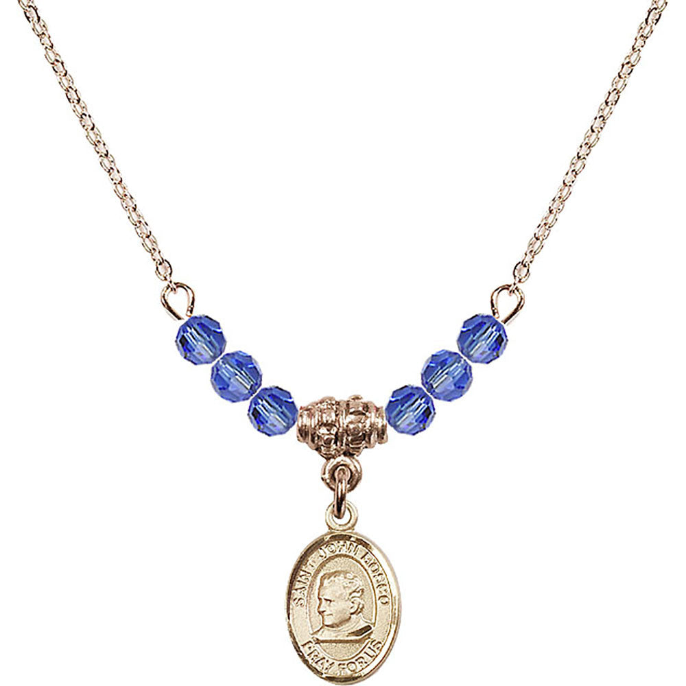 14kt Gold Filled Saint John Bosco Birthstone Necklace with Sapphire Beads - 9055