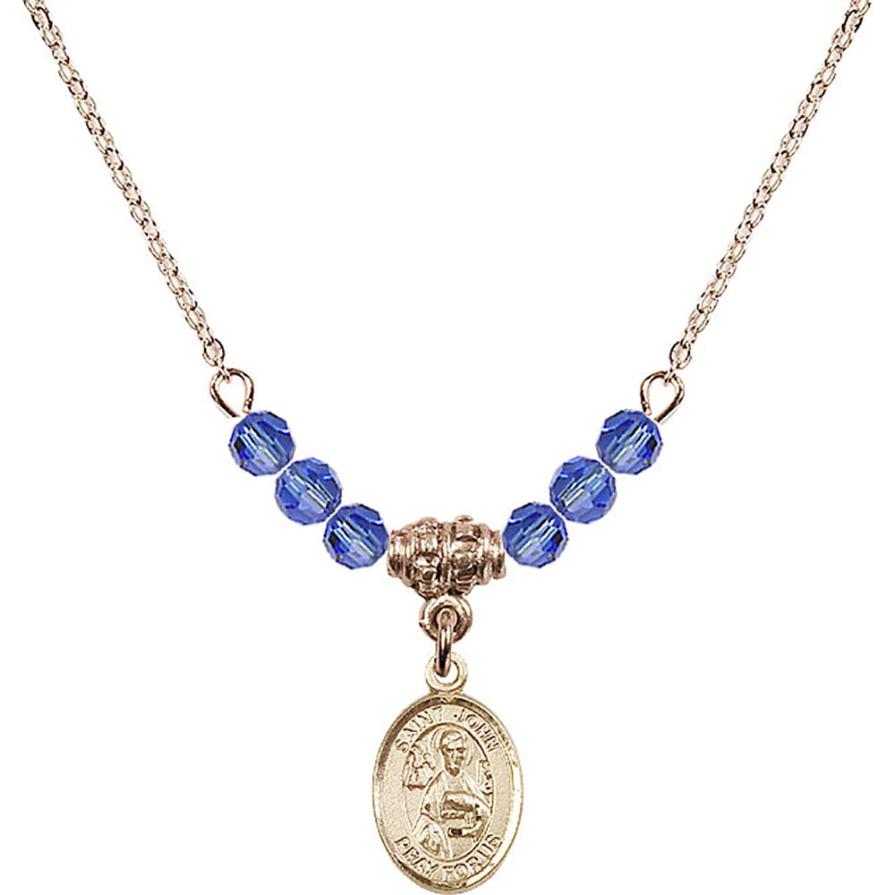14kt Gold Filled Saint John the Apostle Birthstone Necklace with Sapphire Beads - 9056