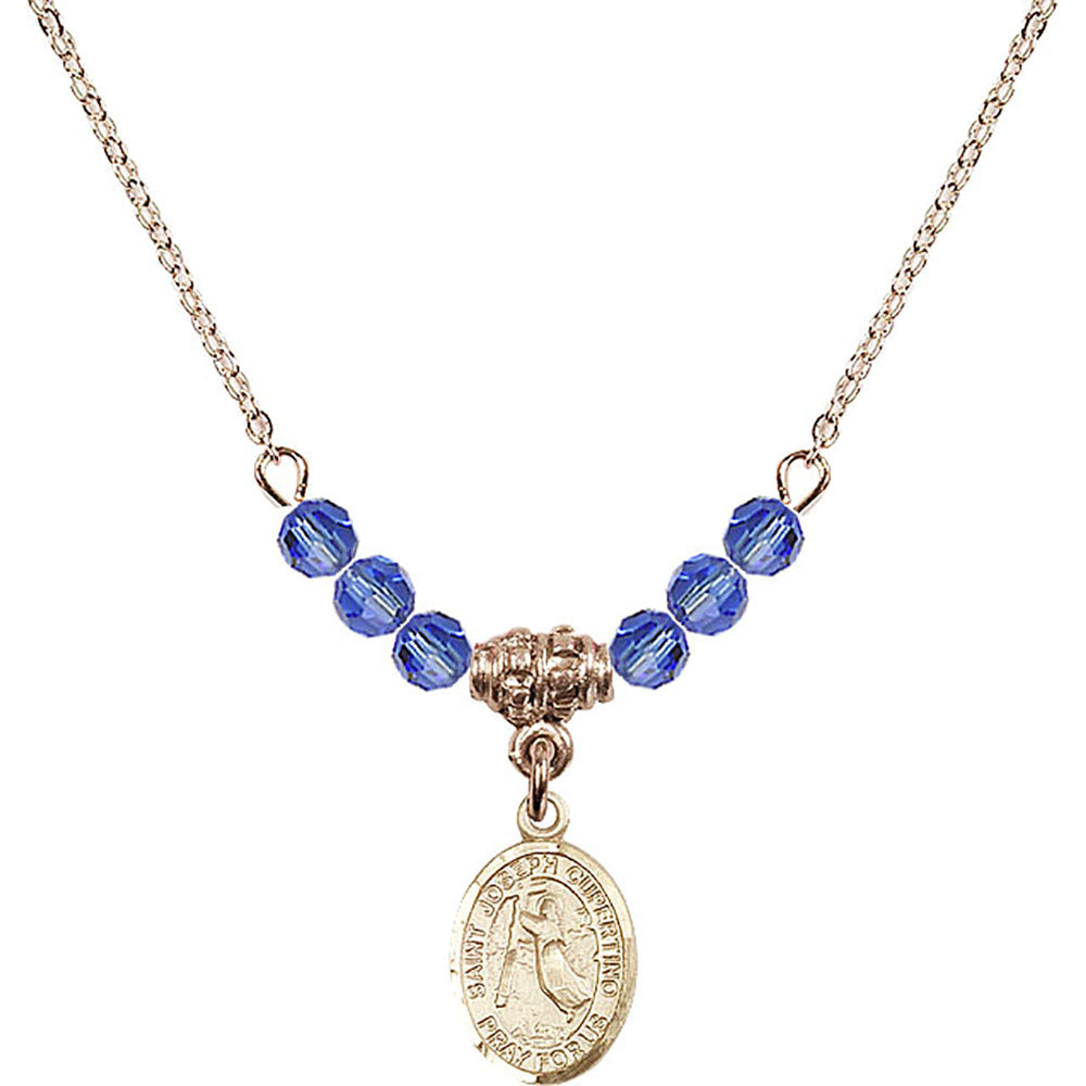 14kt Gold Filled Saint Joseph of Cupertino Birthstone Necklace with Sapphire Beads - 9057