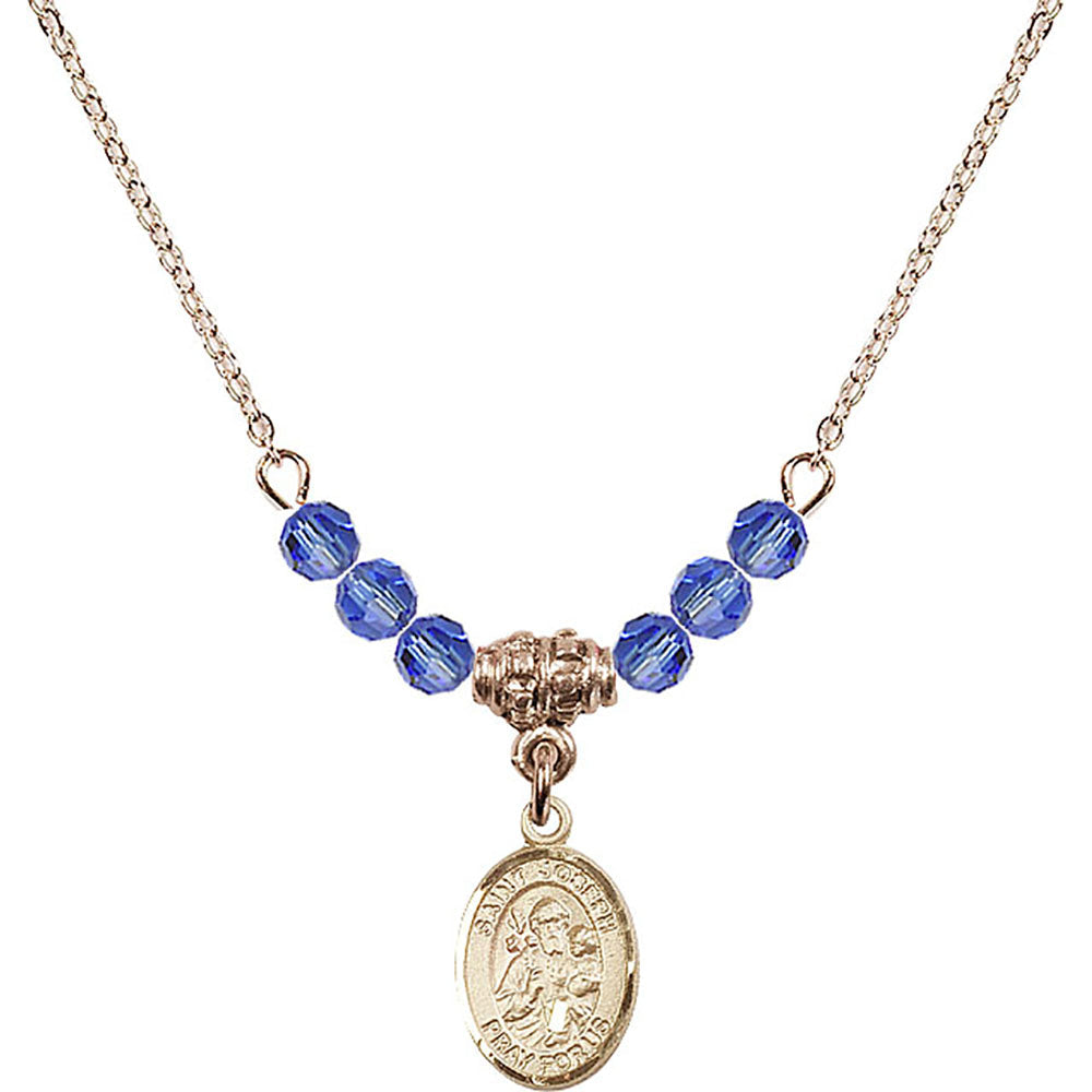 14kt Gold Filled Saint Joseph Birthstone Necklace with Sapphire Beads - 9058