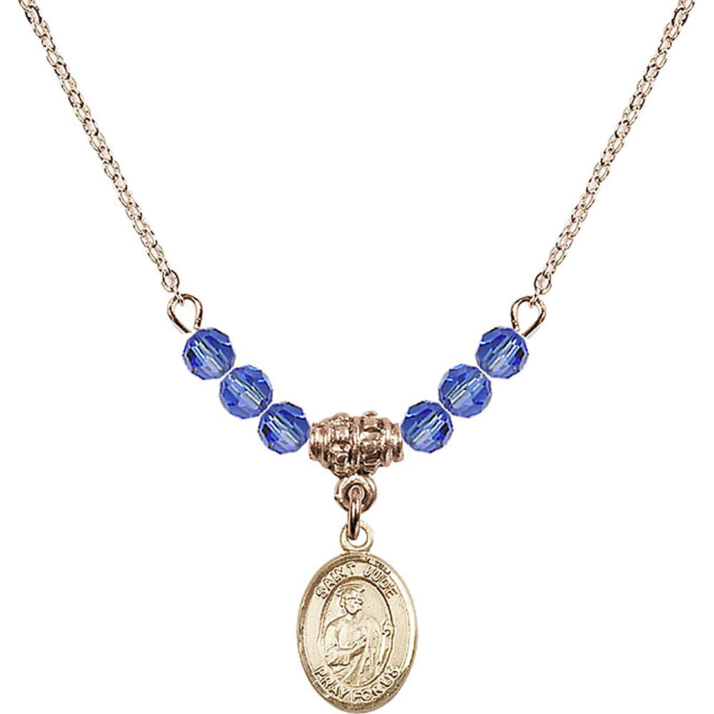 14kt Gold Filled Saint Jude Thaddeus Birthstone Necklace with Sapphire Beads - 9060