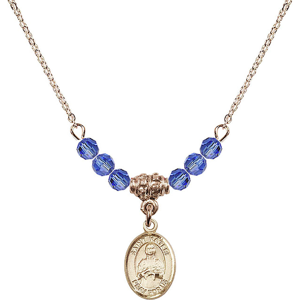 14kt Gold Filled Saint Kateri Tekakwitha Birthstone Necklace with Sapphire Beads - 9061