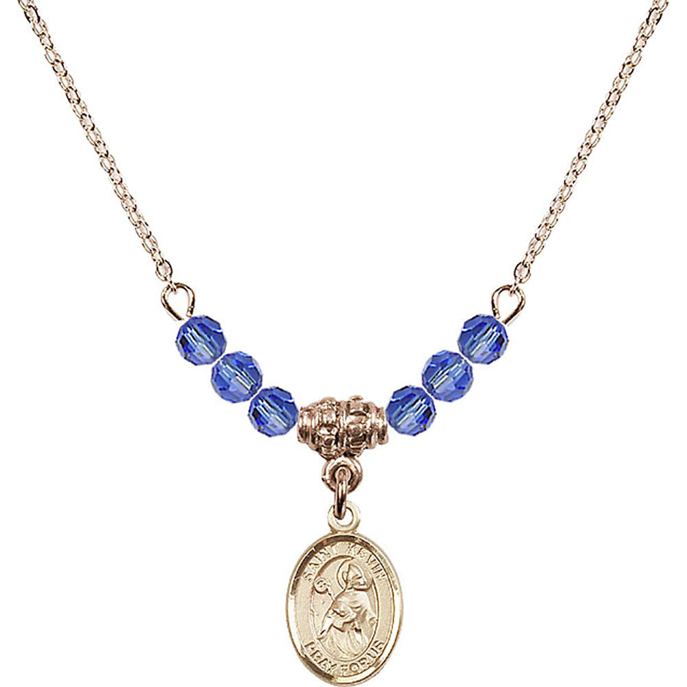 14kt Gold Filled Saint Kevin Birthstone Necklace with Sapphire Beads - 9062