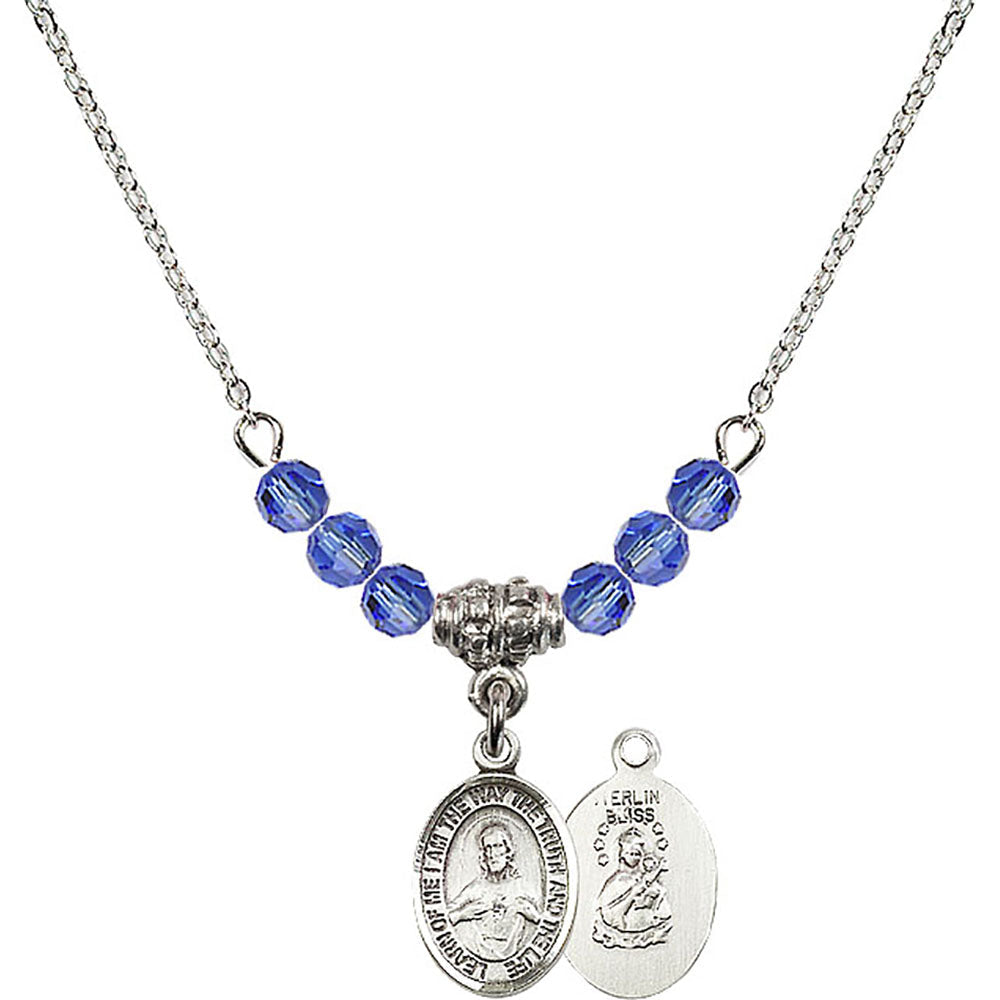 Sterling Silver Scapular Birthstone Necklace with Sapphire Beads - 9098