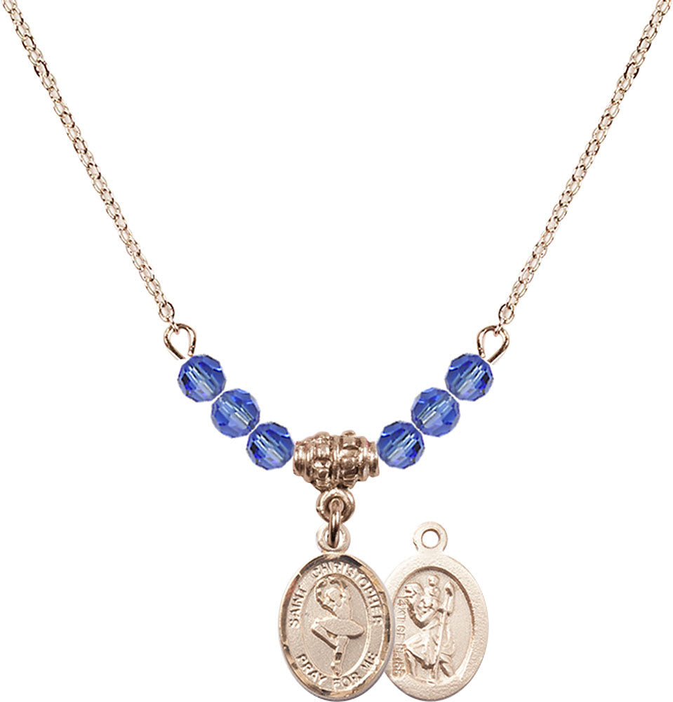 14kt Gold Filled Saint Christopher/Dance Birthstone Necklace with Sapphire Beads - 9143