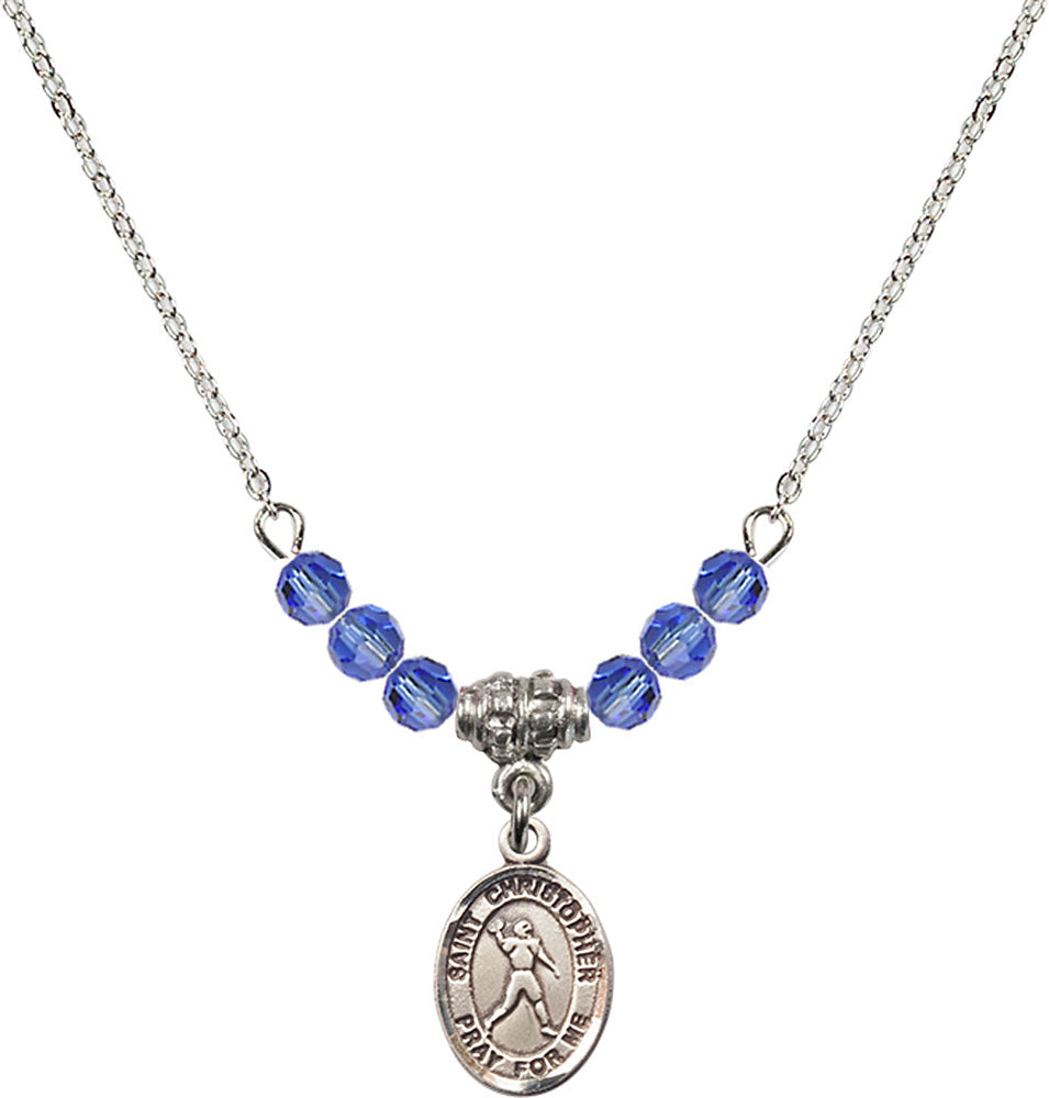 Sterling Silver Saint Christopher/Football Birthstone Necklace with Sapphire Beads - 9151