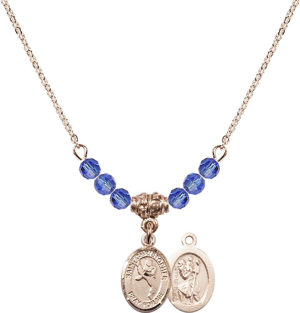 14kt Gold Filled Saint Christopher/Martial Arts Birthstone Necklace with Sapphire Beads - 9158