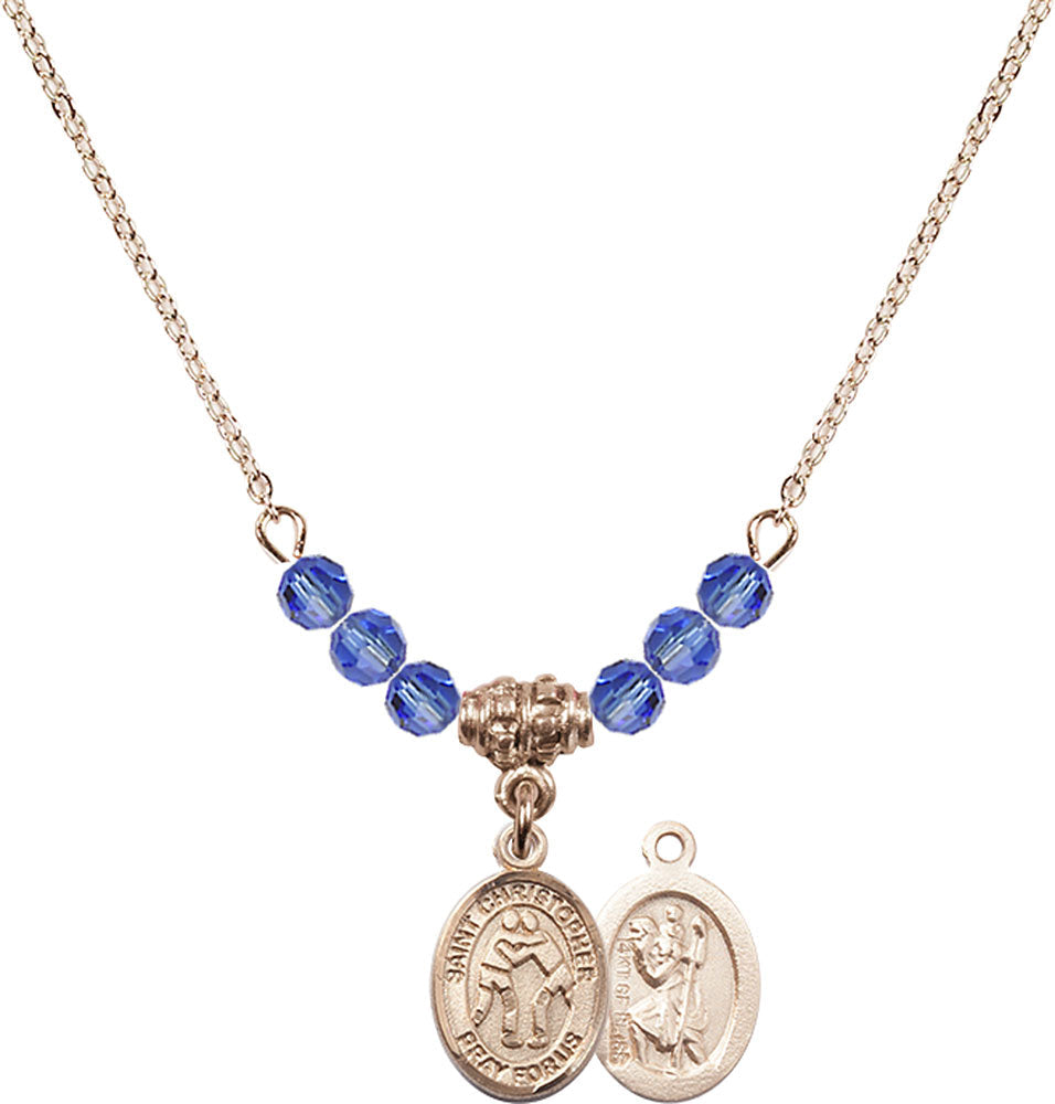 14kt Gold Filled Saint Christopher/Wrestling Birthstone Necklace with Sapphire Beads - 9159
