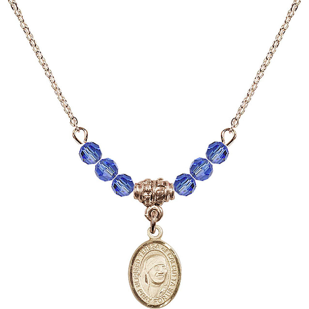 14kt Gold Filled Saint Teresa of Calcutta Birthstone Necklace with Sapphire Beads - 9295