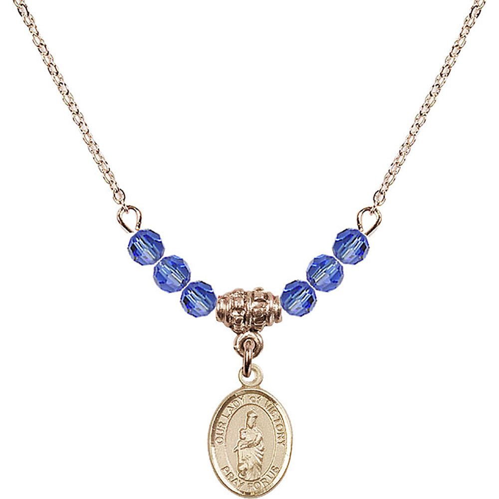 14kt Gold Filled Our Lady of Victory Birthstone Necklace with Sapphire Beads - 9306