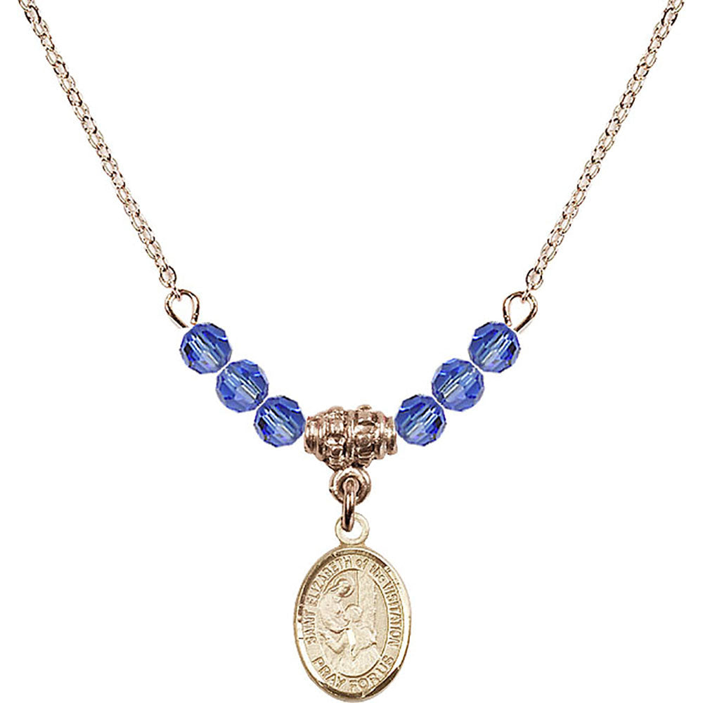 14kt Gold Filled Saint Elizabeth of the Visitation Birthstone Necklace with Sapphire Beads - 9311