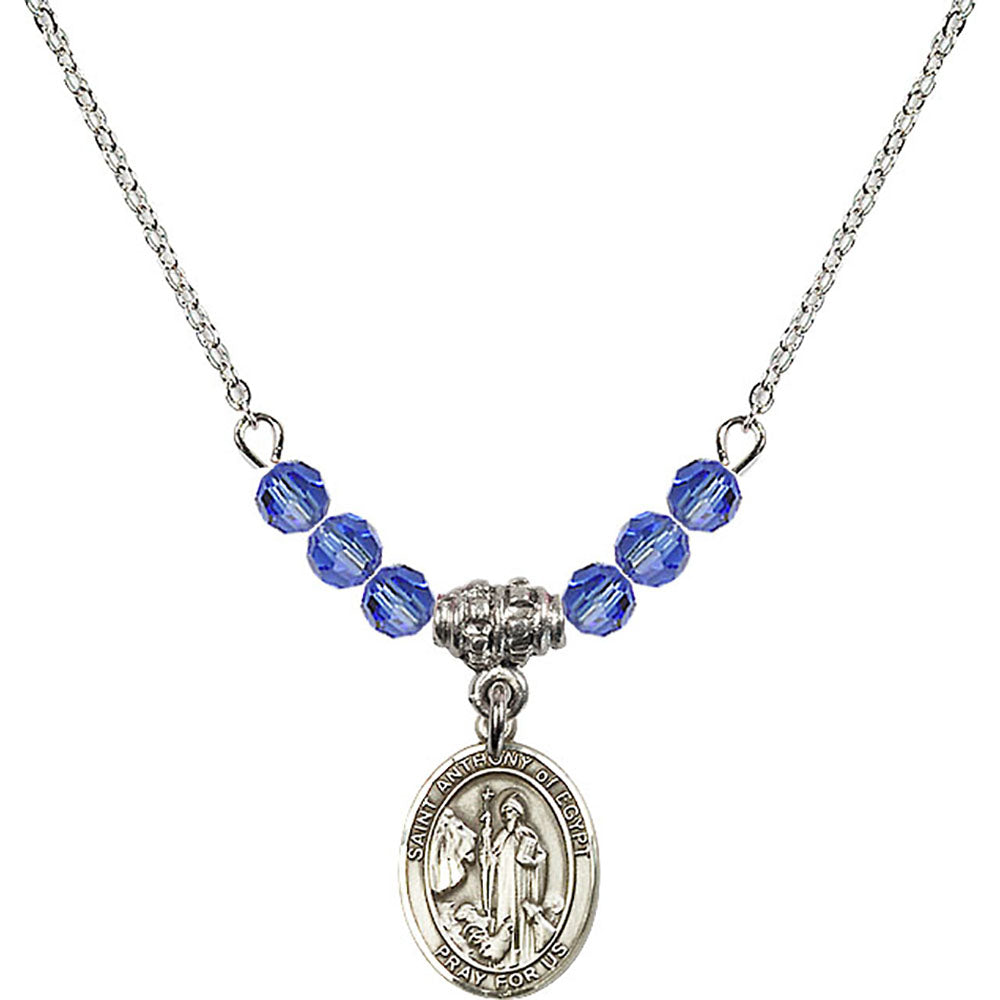 Sterling Silver Saint Anthony of Egypt Birthstone Necklace with Sapphire Beads - 9317