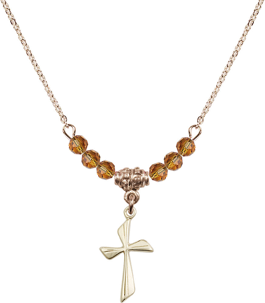 14kt Gold Filled Cross Birthstone Necklace with Topaz Beads - 0016