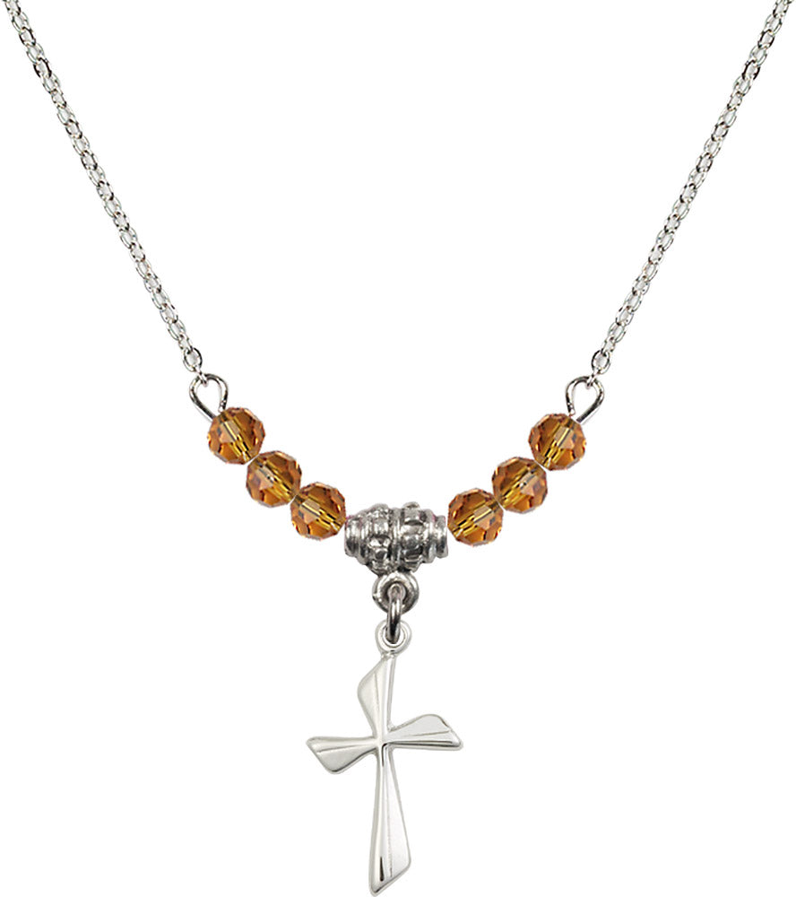 Sterling Silver Cross Birthstone Necklace with Topaz Beads - 0016