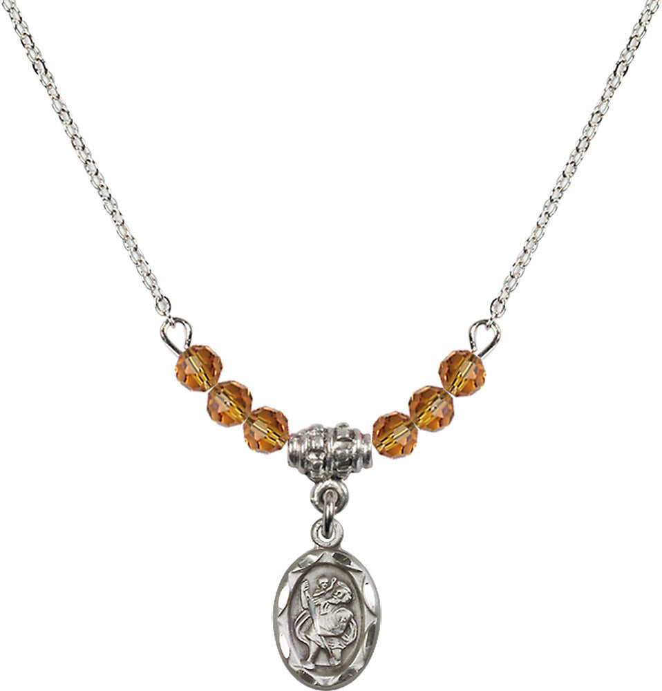 Sterling Silver Saint Christopher Birthstone Necklace with Topaz Beads - 0301