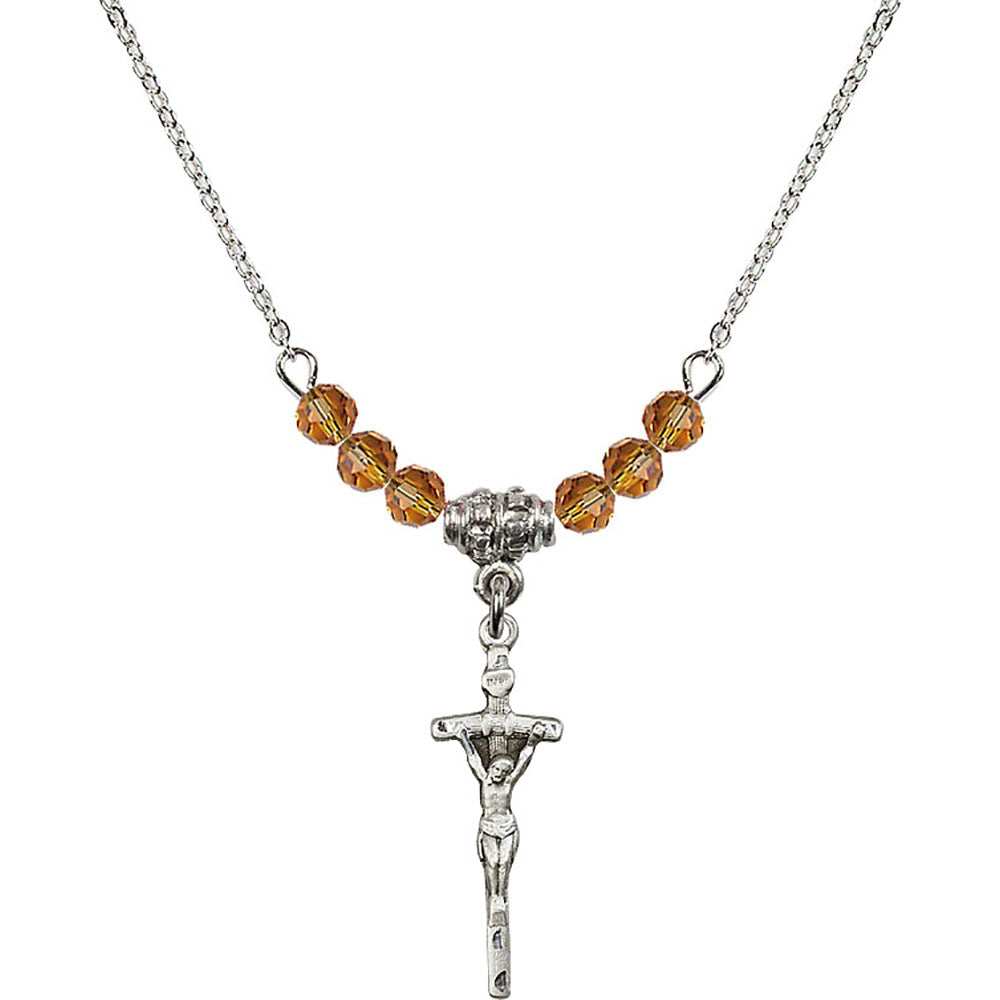 Sterling Silver Papal Crucifix Birthstone Necklace with Topaz Beads - 0563