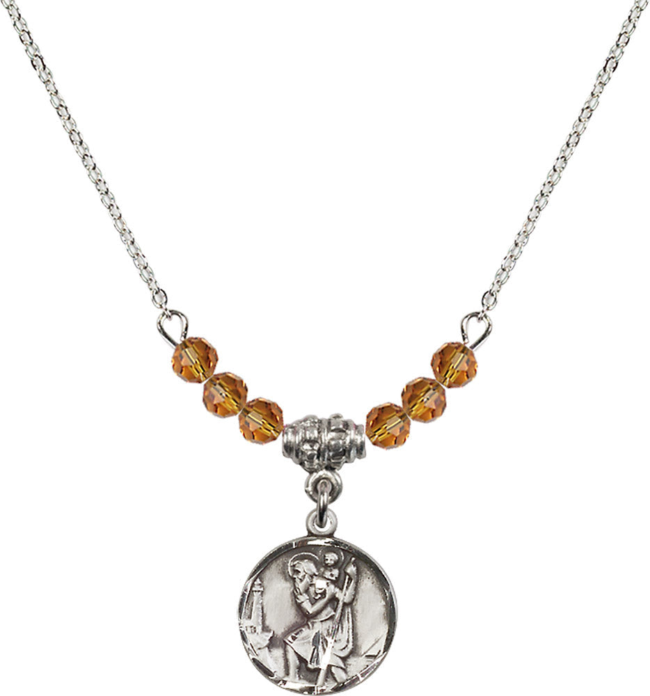 Sterling Silver Saint Christopher Birthstone Necklace with Topaz Beads - 0601