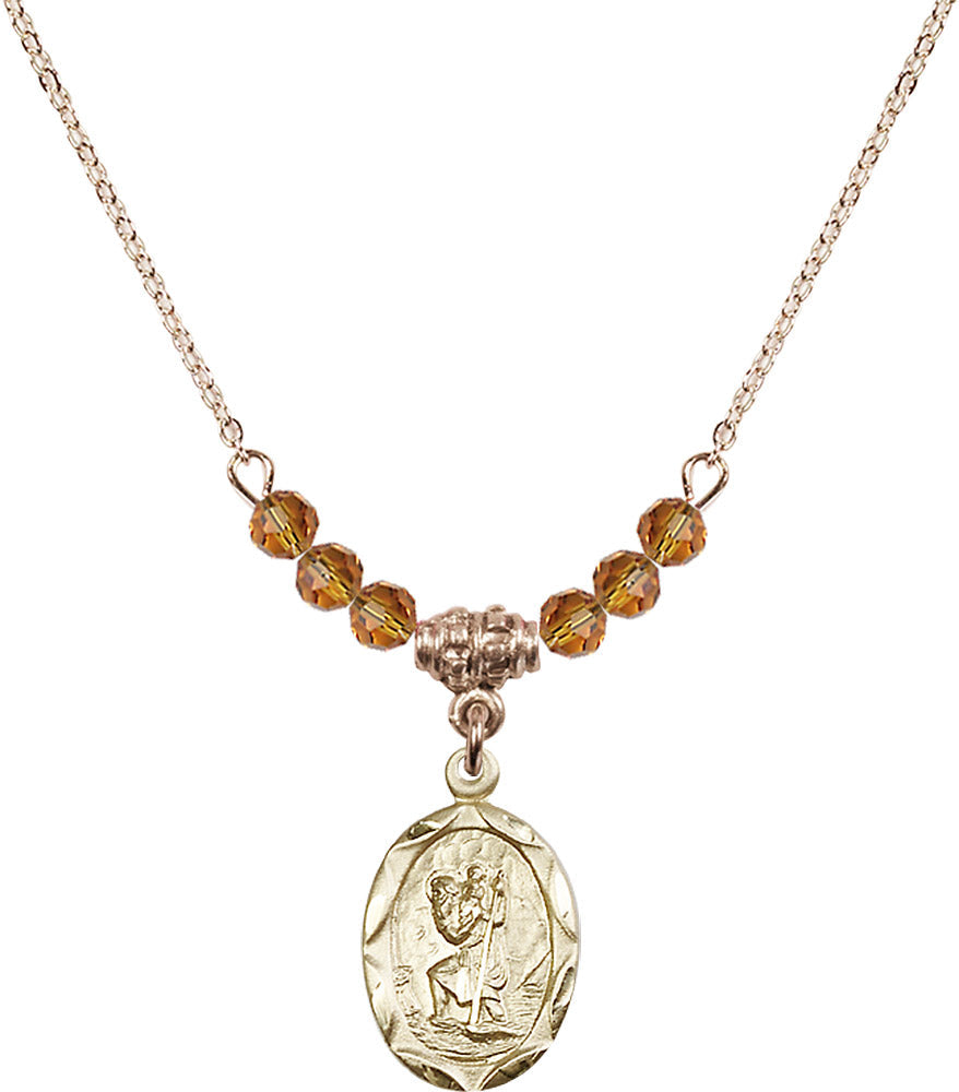 14kt Gold Filled Saint Christopher Birthstone Necklace with Topaz Beads - 0612