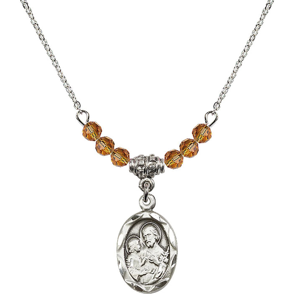 Sterling Silver Saint Joseph Birthstone Necklace with Topaz Beads - 0612