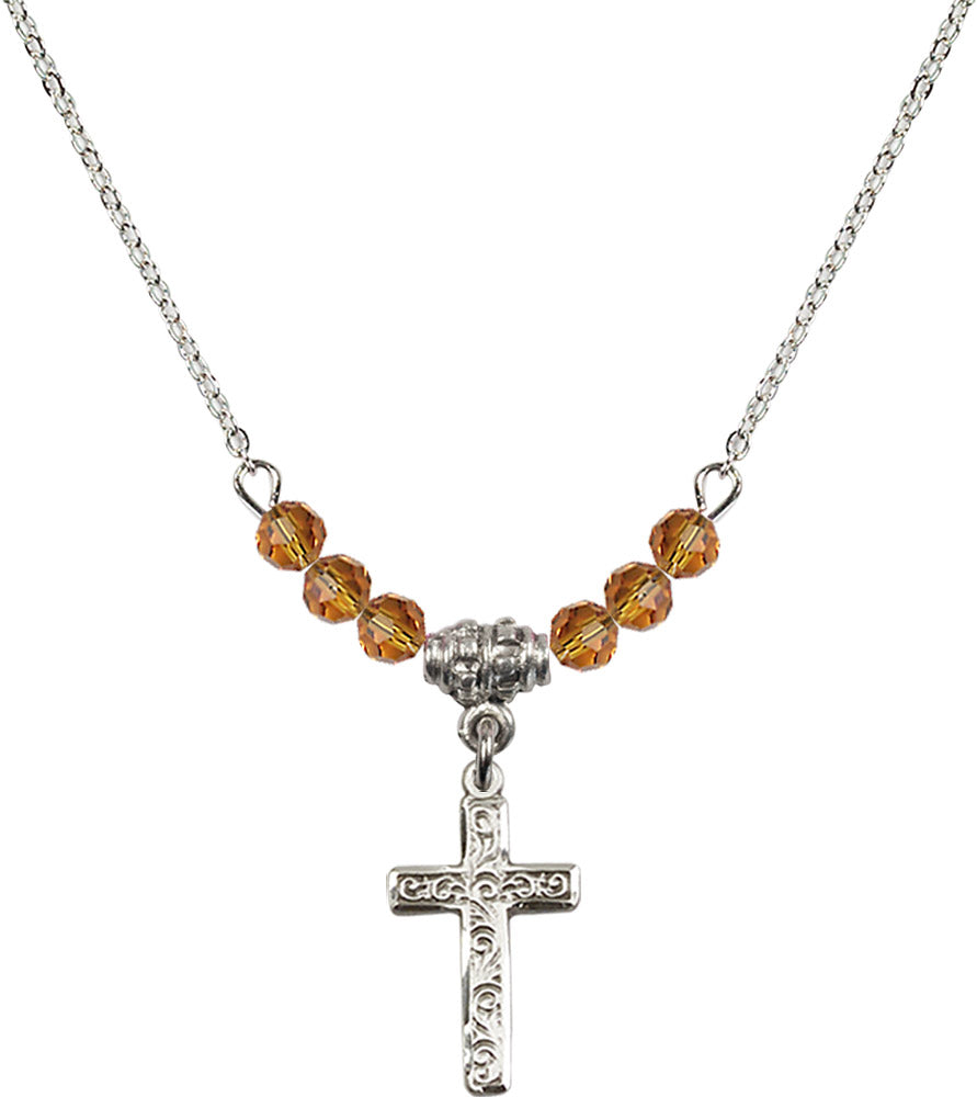 Sterling Silver Cross Birthstone Necklace with Topaz Beads - 0672