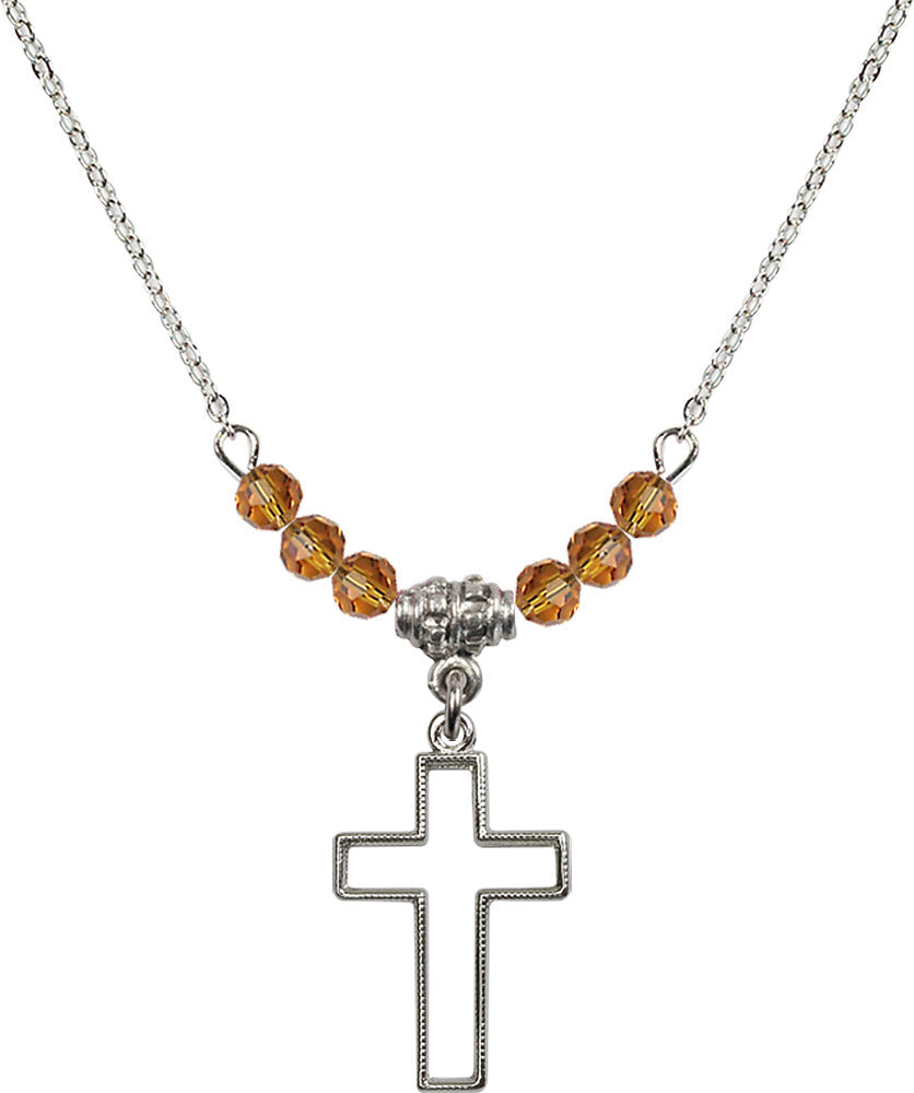 Sterling Silver Cross Birthstone Necklace with Topaz Beads - 1708