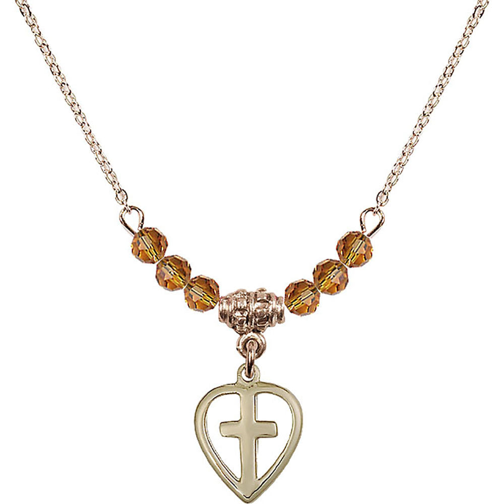 14kt Gold Filled Heart / Cross Birthstone Necklace with Topaz Beads - 1709