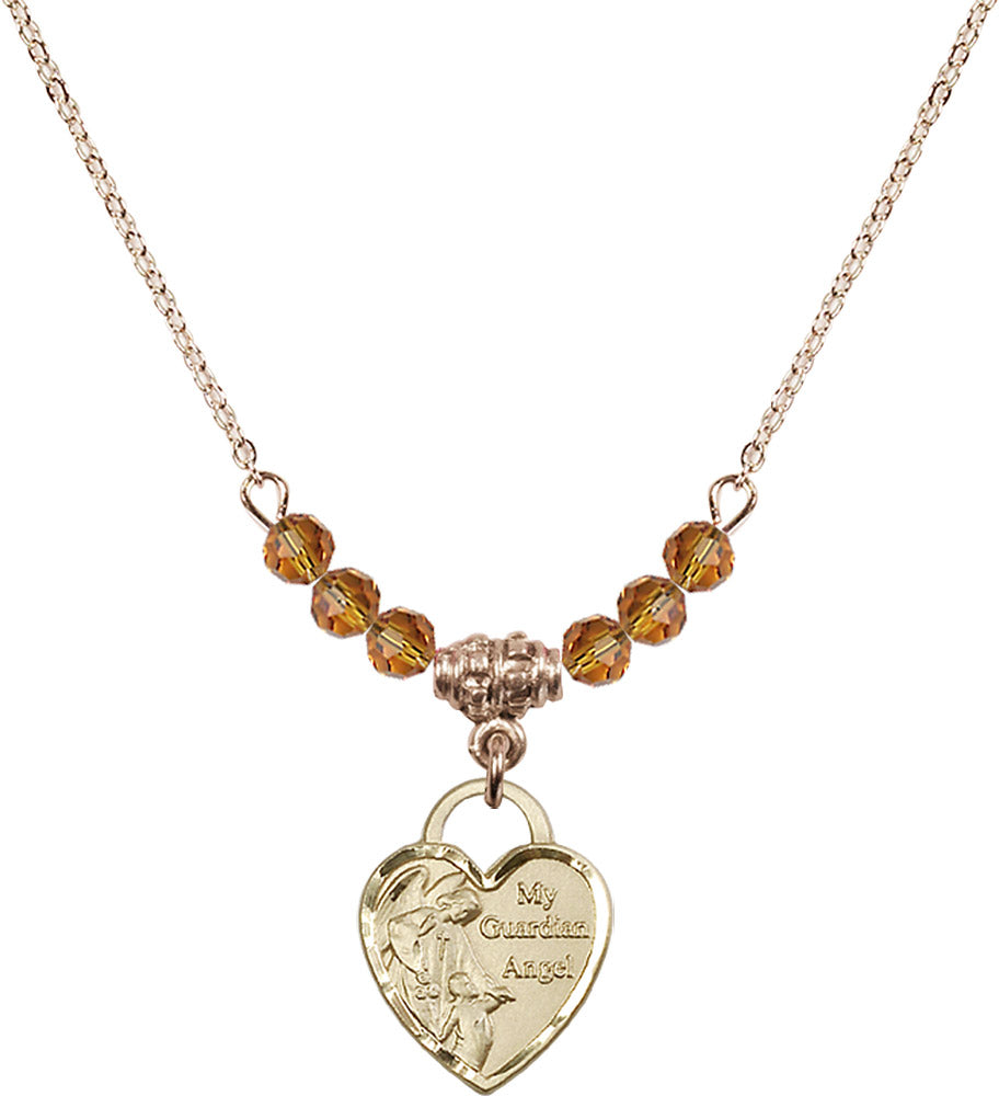 14kt Gold Filled Guardian Angel Heart Birthstone Necklace with Topaz Beads - 3402