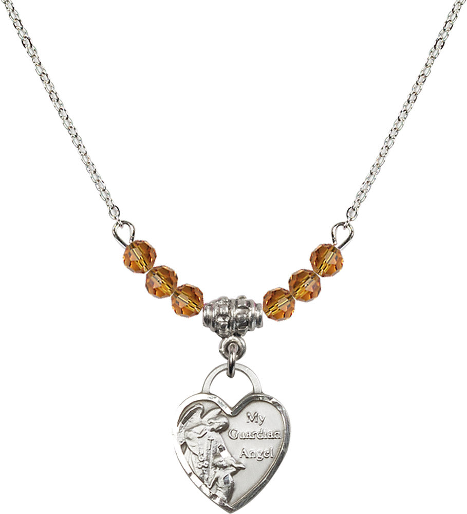 Sterling Silver Guardian Angel Heart Birthstone Necklace with Topaz Beads - 3402