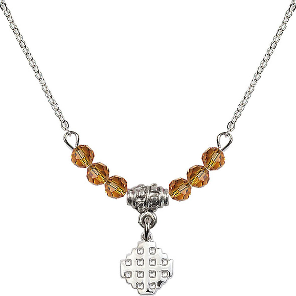 Sterling Silver Jerusalem Cross Birthstone Necklace with Topaz Beads - 4118