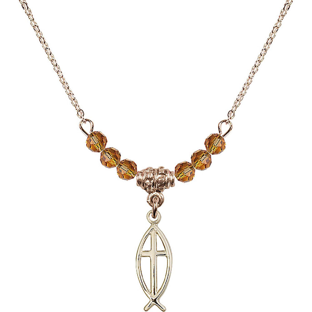 14kt Gold Filled Fish / Cross Birthstone Necklace with Topaz Beads - 4251