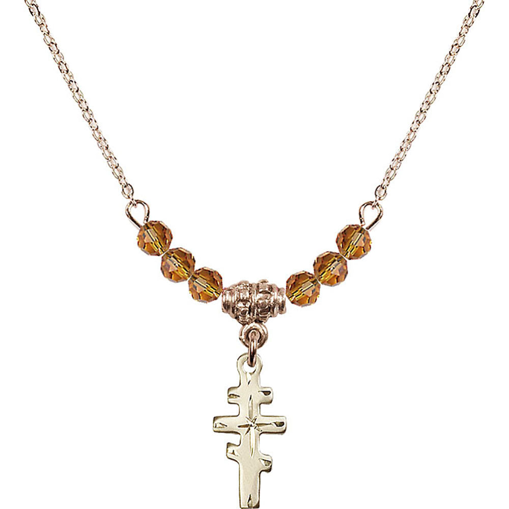 14kt Gold Filled Greek Orthadox Cross Birthstone Necklace with Topaz Beads - 5654