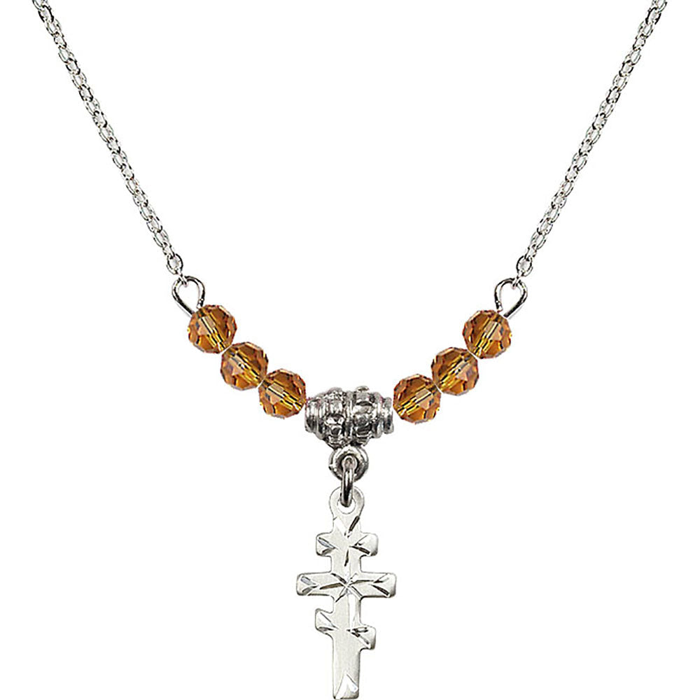 Sterling Silver Greek Orthadox Cross Birthstone Necklace with Topaz Beads - 5654