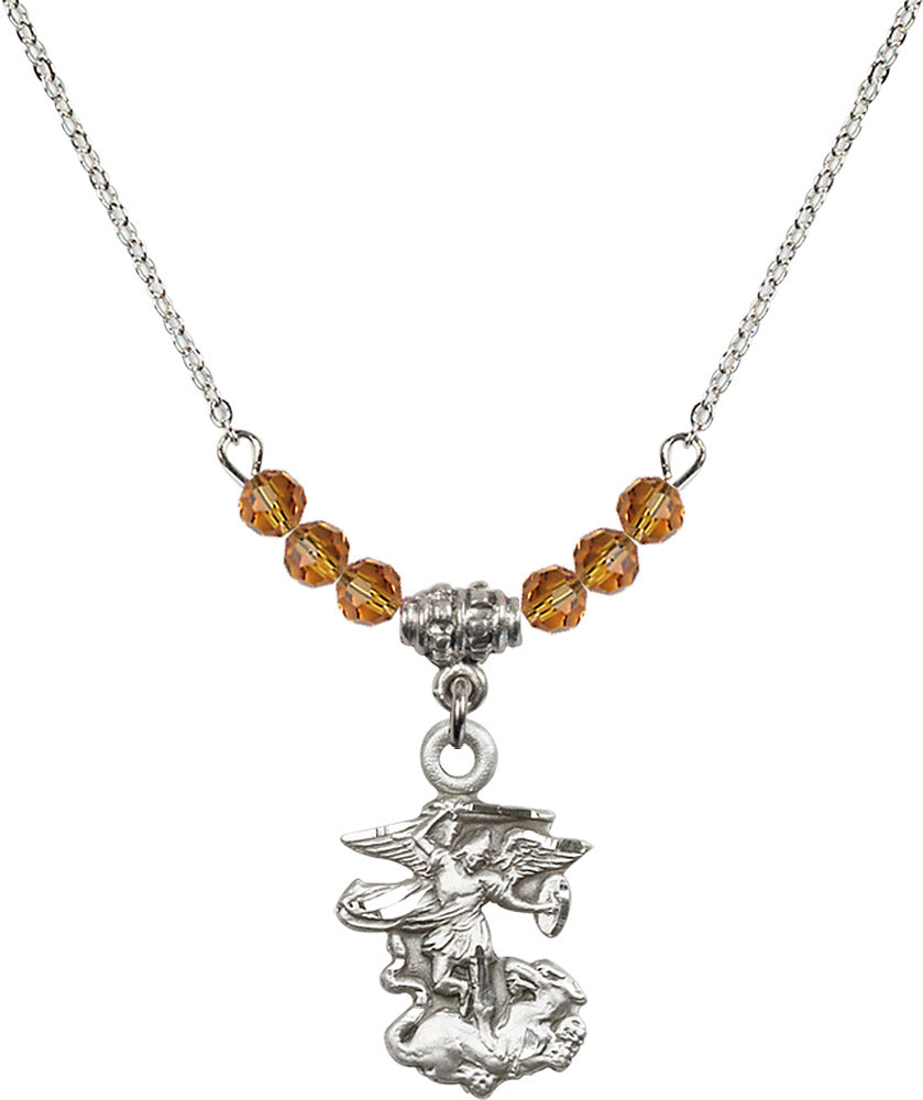 Sterling Silver Saint Michael the Archangel Birthstone Necklace with Topaz Beads - 5940