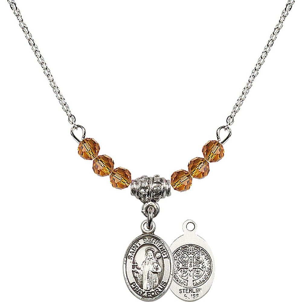 Sterling Silver Saint Benedict Birthstone Necklace with Topaz Beads - 9008