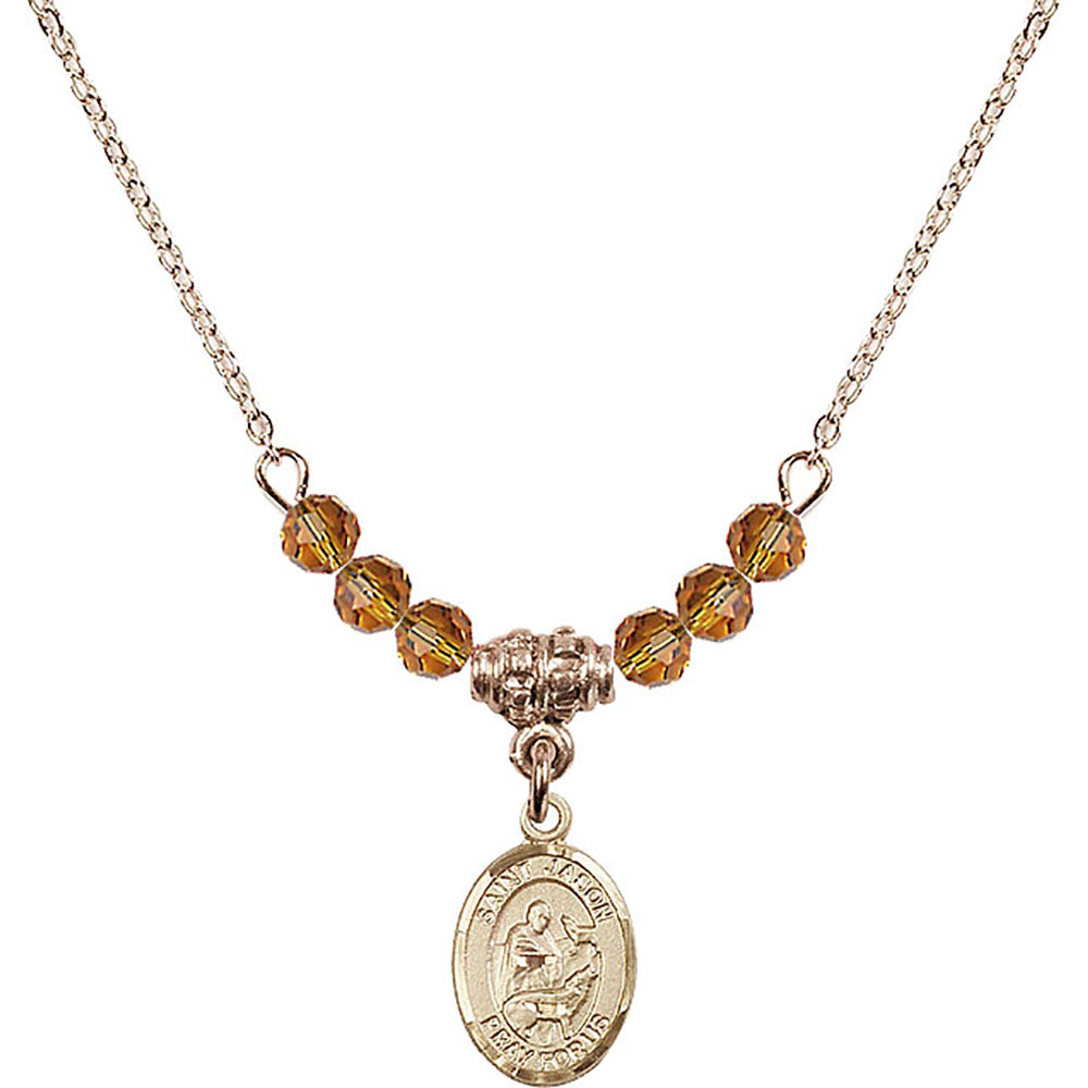 14kt Gold Filled Saint Jason Birthstone Necklace with Topaz Beads - 9051