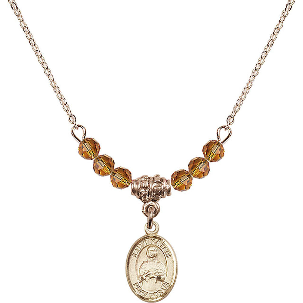 14kt Gold Filled Saint Kateri Tekakwitha Birthstone Necklace with Topaz Beads - 9061