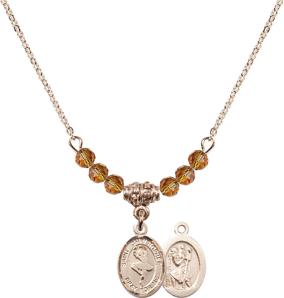 14kt Gold Filled Saint Christopher/Dance Birthstone Necklace with Topaz Beads - 9143