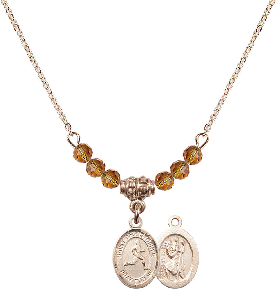 14kt Gold Filled Saint Christopher/Track & Field Birthstone Necklace with Topaz Beads - 9149