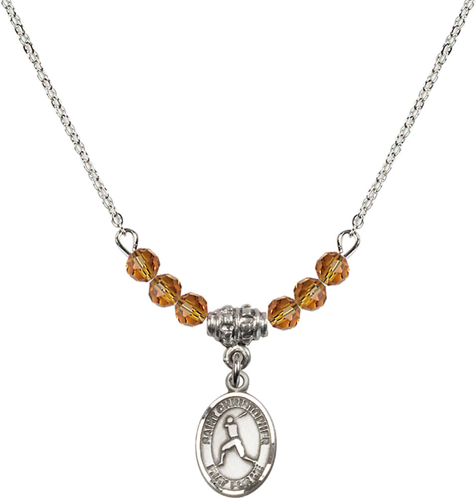 Sterling Silver Saint Christopher/Baseball Birthstone Necklace with Topaz Beads - 9150