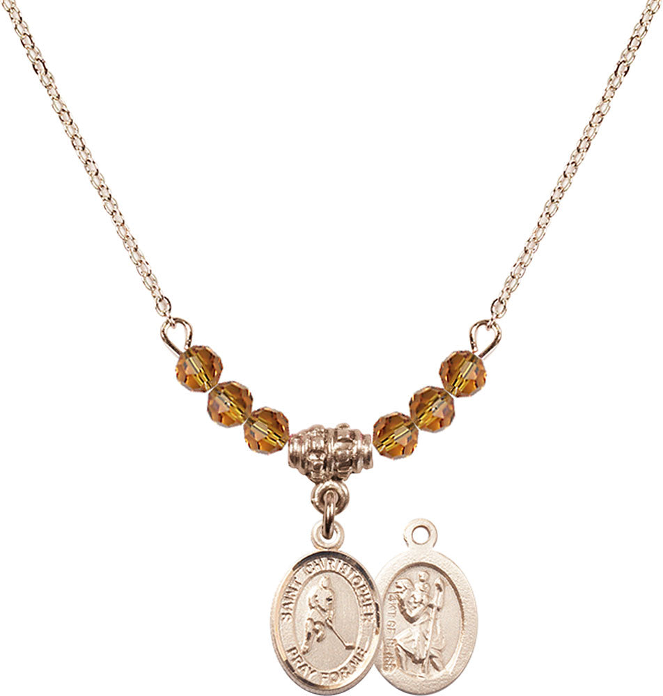 14kt Gold Filled Saint Christopher/Ice Hockey Birthstone Necklace with Topaz Beads - 9155