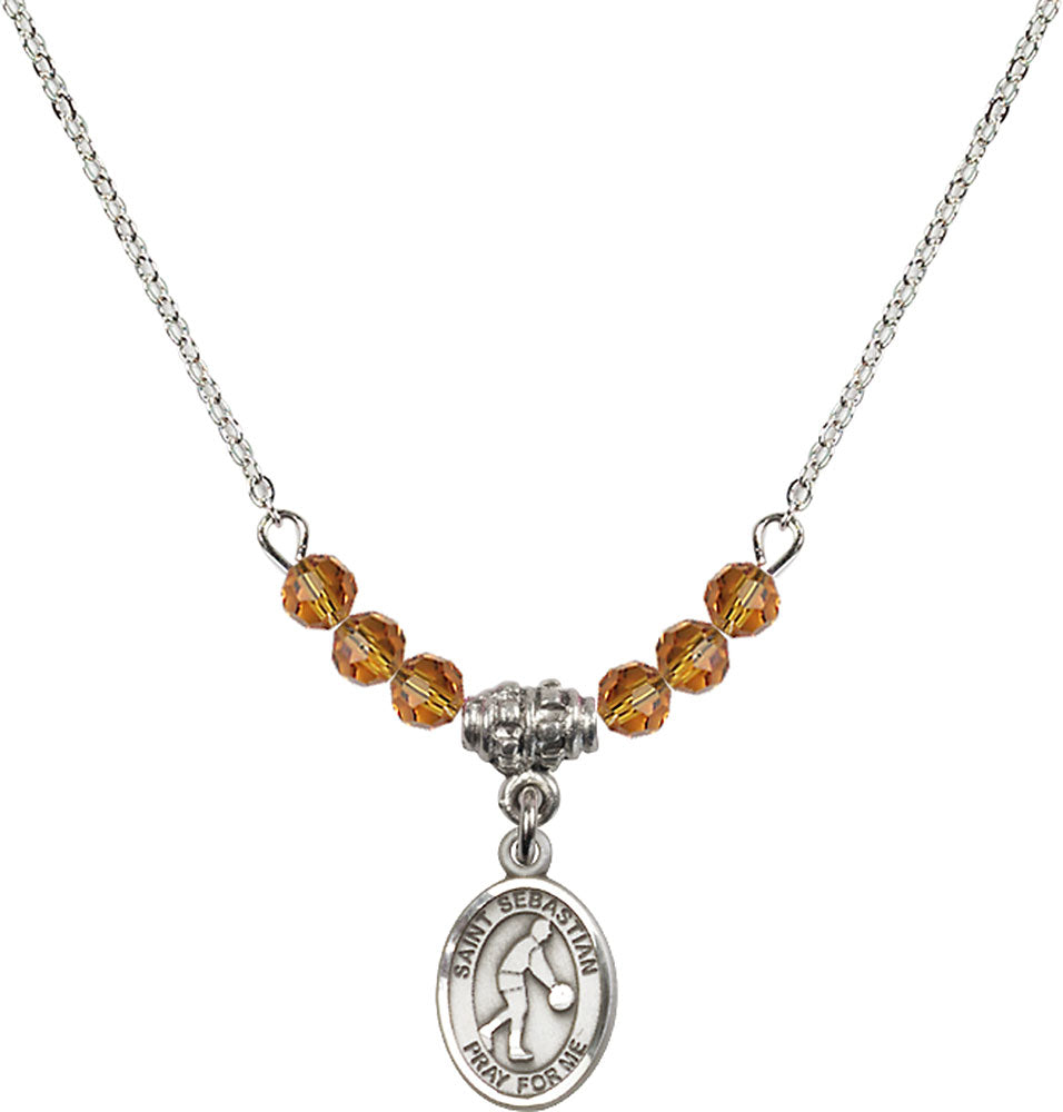 Sterling Silver Saint Sebastian/Basketball Birthstone Necklace with Topaz Beads - 9163