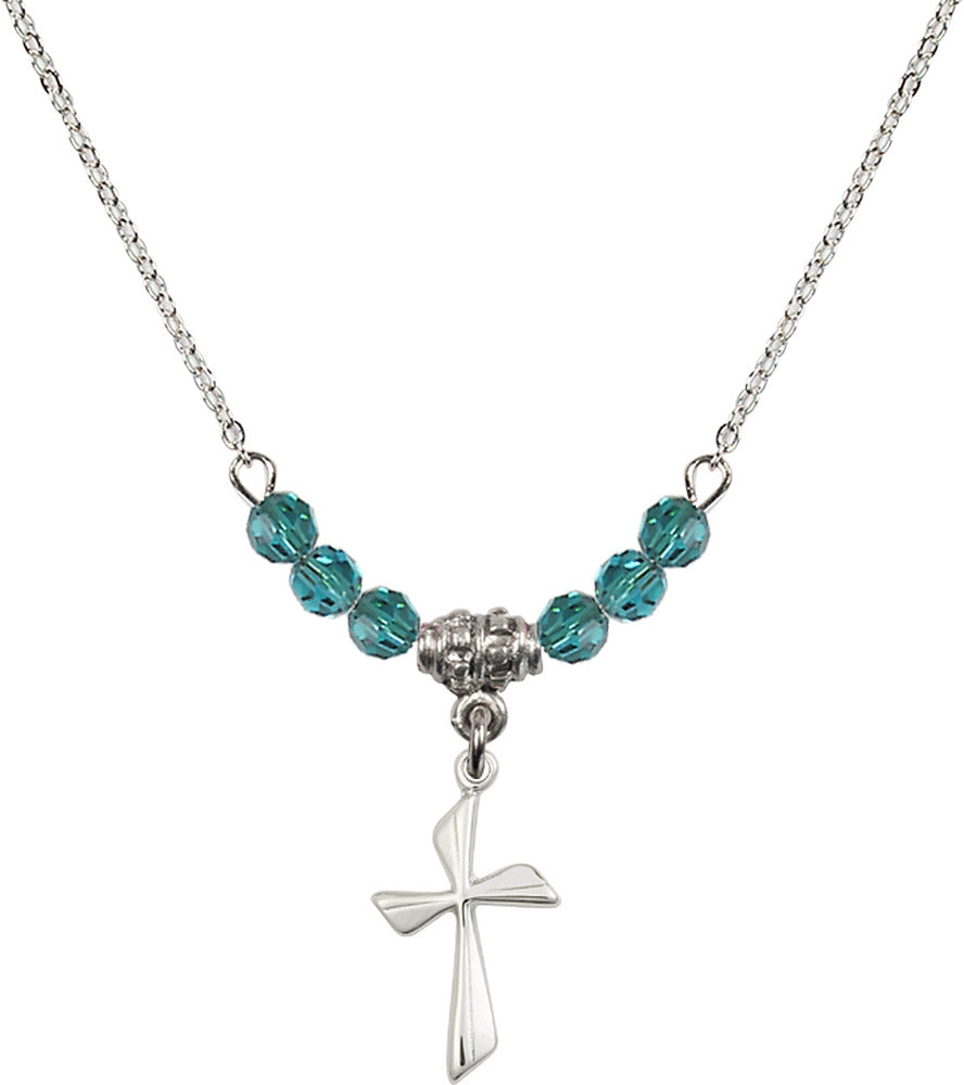 Sterling Silver Cross Birthstone Necklace with Zircon Beads - 0016