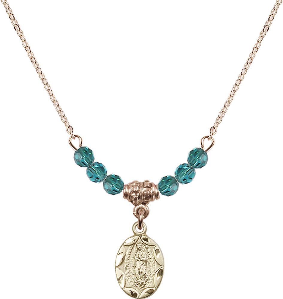 14kt Gold Filled Our Lady of Guadalupe Birthstone Necklace with Zircon Beads - 0301
