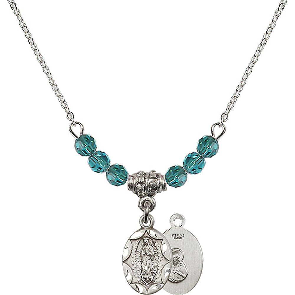 Sterling Silver Our Lady of Guadalupe Birthstone Necklace with Zircon Beads - 0301