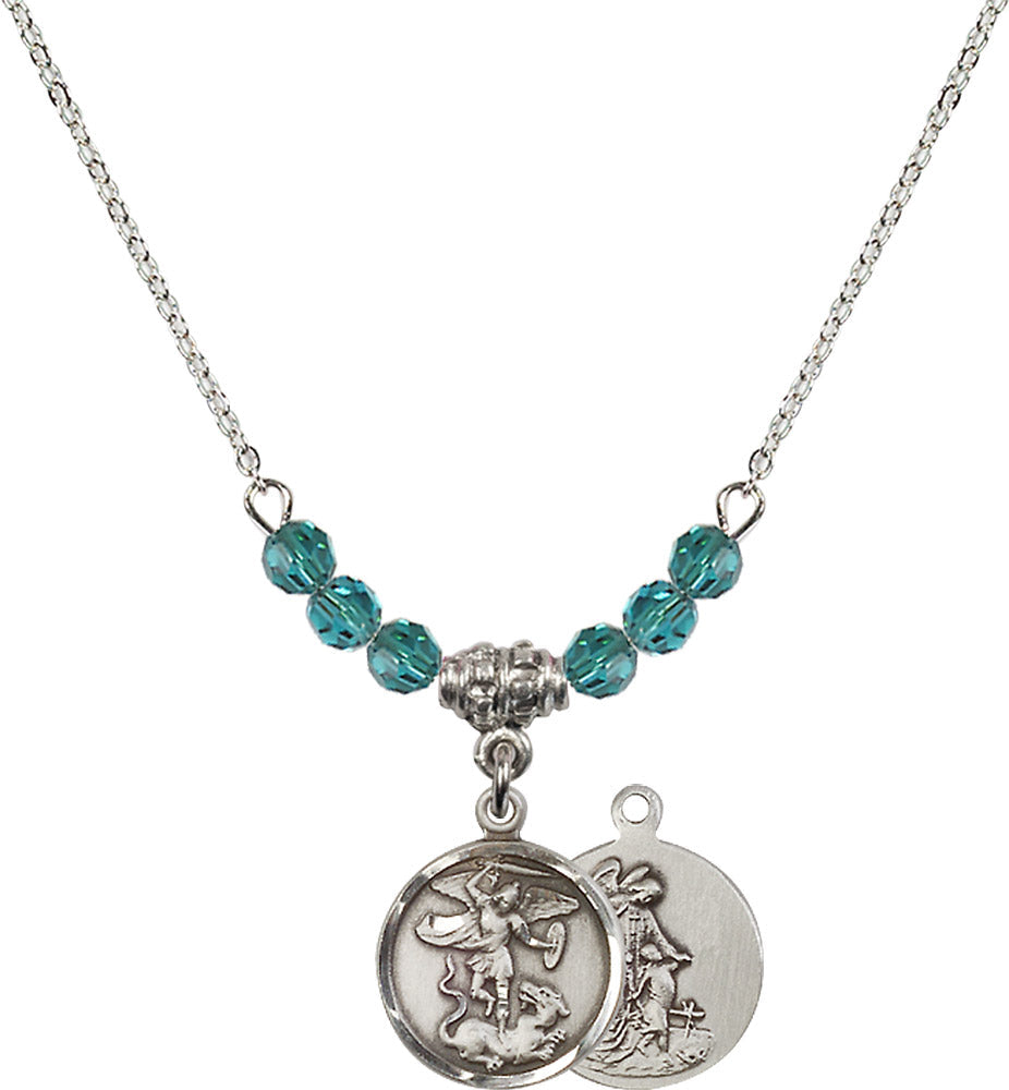 Sterling Silver Saint Michael the Archangel Birthstone Necklace with Zircon Beads - 0601