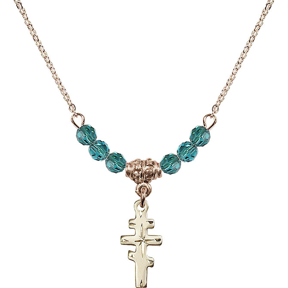 14kt Gold Filled Greek Orthadox Cross Birthstone Necklace with Zircon Beads - 5654