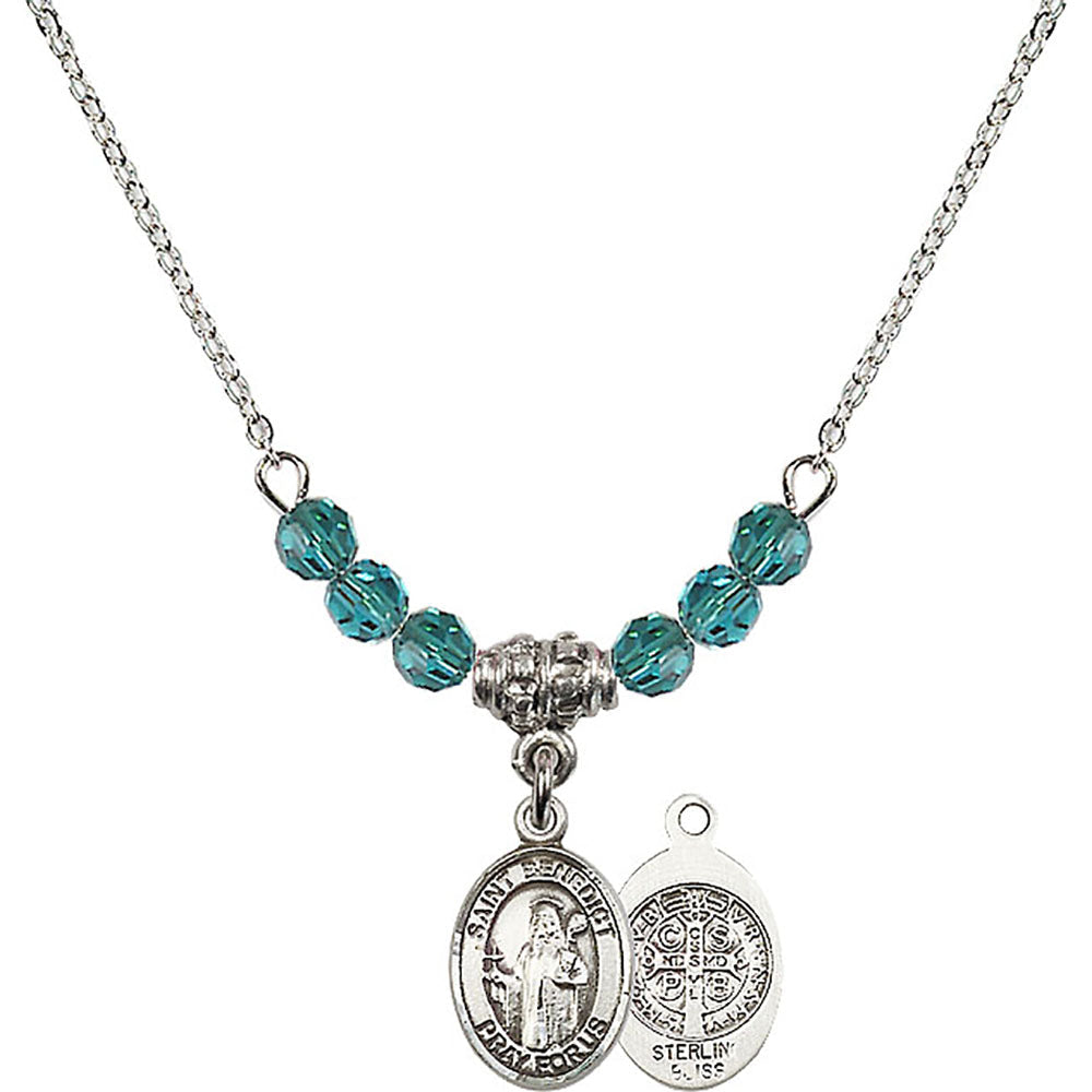 Sterling Silver Saint Benedict Birthstone Necklace with Zircon Beads - 9008