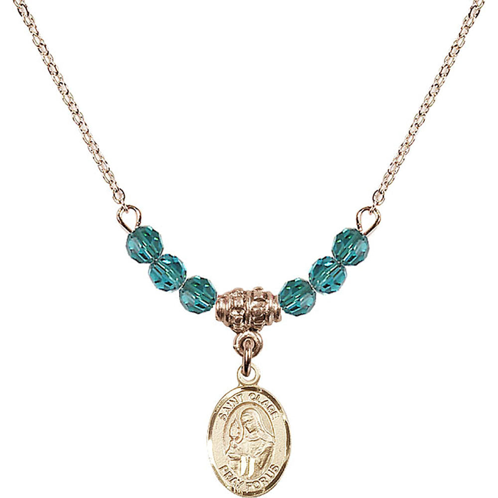 14kt Gold Filled Saint Clare of Assisi Birthstone Necklace with Zircon Beads - 9028